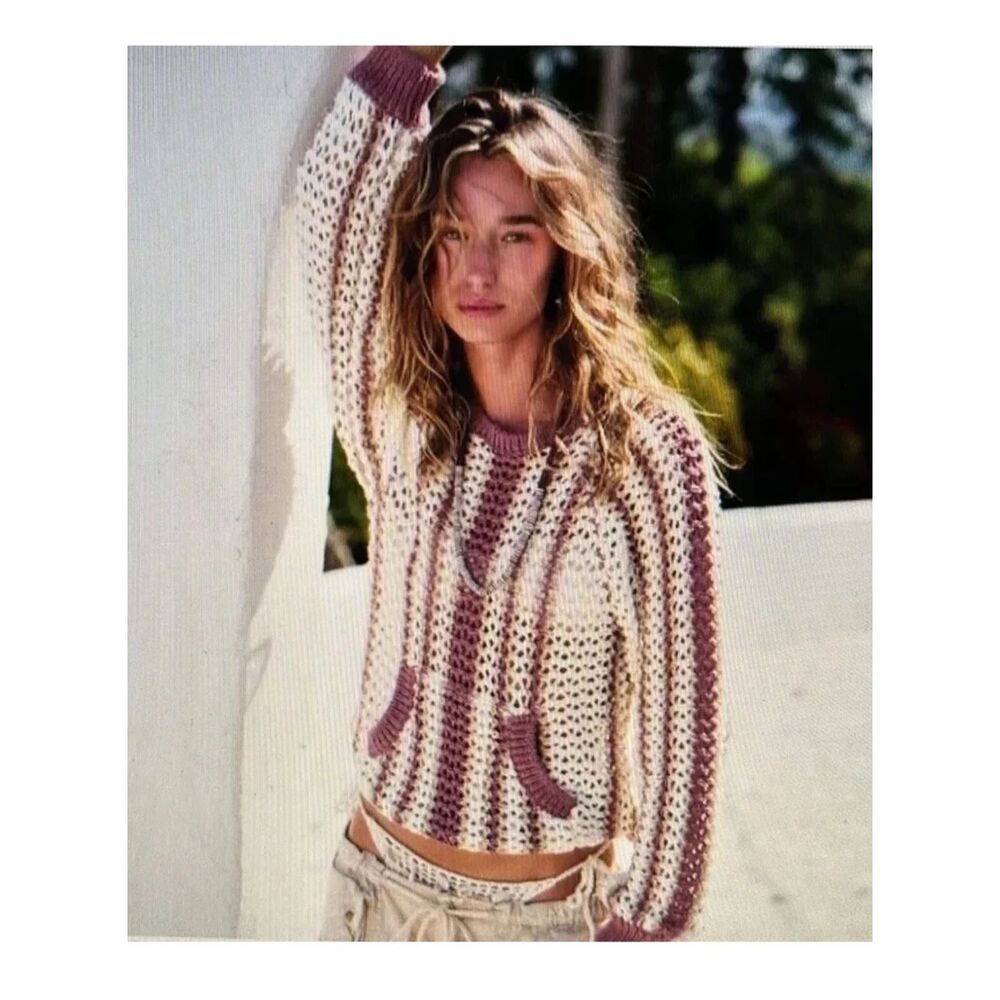 FP Beach Dayton Open Knit Crochet Sweater - Mauve/Tan/Cream S